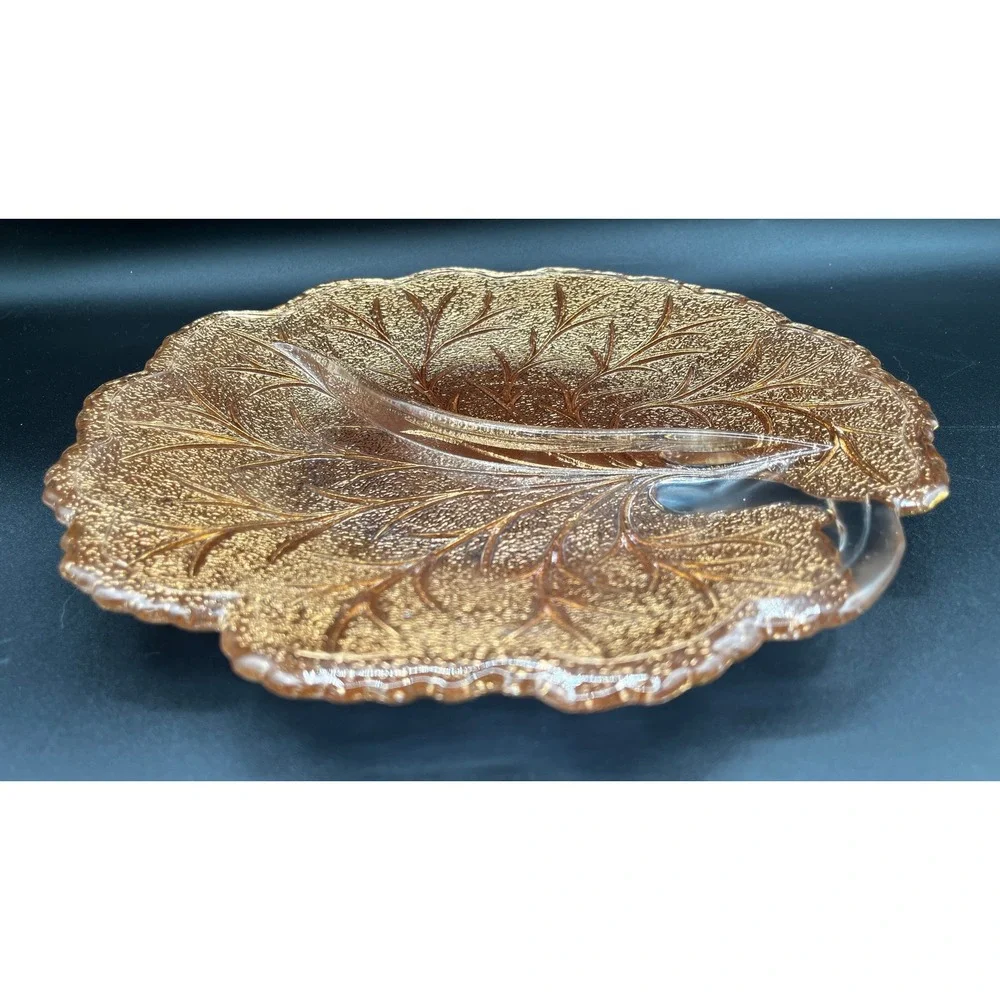 Vtg Amber Gold Indiana‎ Glass Leaf Tree of Life Divided Relish Dish Textured 10